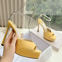 Designers Sandals Fashion Shoes Heels Real Silk Rhinestone Chain Chunky Heel High Heeled Designer Shoes Platform Heel Sandals Womens Roman Sandal 34-41 Top quality