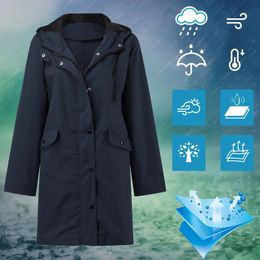 Waterproof Windproof Fashion Women Solid Trench Hoodie Rain Outdoor Windbreaker Long Sleeve Long Hooded Raincoat Plus Size 240125