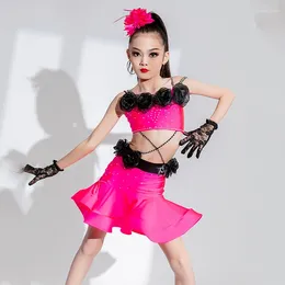 Stage Wear 2024 Latin Competition Dress For Girls Rose Red Split Skirts With Drill Chacha Rumba Dance Performance Costumes DN15150