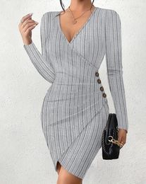 Casual Dresses Womens 2024 Spring Fashion Side Buttons Plunge Ruched Asymmetrical Wrap Sexy Plain Long Sleeve Bodycon Daily Mini Dress