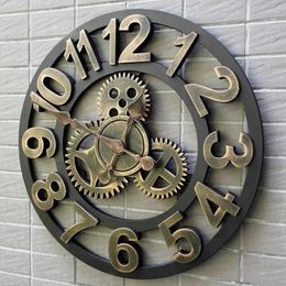 Wall Clocks Wooden Clock Retro Gear Home Decor Large Modern Design Living Room Decoration Mute Watches Relogio De Parede