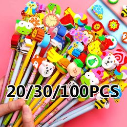 20/30/100pcs/Lot Cartoon Animals Pencil With Eraser Pencil Children Study Pencil Students Kids Wooden Pencil Writing Stationery 240118