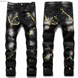 Men's Jeans Light Luxury Mens Graffiti Prints Ripped JeansSlim-fit Scratches Black JeansWhite Wash Stretch Denim PantsCasual Jeans; YQ240205