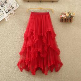 Skirts Ladies Korean Fashion Elegant Mesh Long Black Skirt Women Clothes Girls Chic Irregular Cake Casual Faldas Largas VA1176