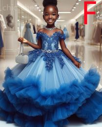 2024 Blue Lace Crystals Flower Dresses Ball Gown Tulle Tiers Luxurious Little Girl Christmas PeaGeant Birthday Dopning Tutu Dress Gowns ZJ426