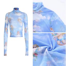 Women's T Shirts Women Angel Printed T-Shirt See Through Mesh Midriff- Tops Long Sleeve Sheer Summer - Size S (Light Blue)