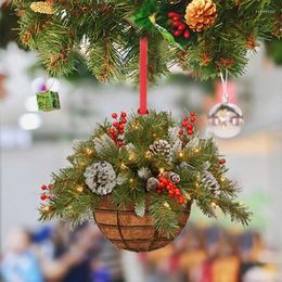 Christmas Decorations Xmas Artificial Hanging Flower Basket Pendant 2D Green Red Wreath Plant Tree Ornaments Merry Decoration