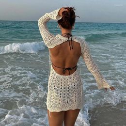 Casual Dresses Vintage Crochet Flower Hollow Out Dress Cover-Ups Chic Women Sexy Knit Backless Tie-up Mini Summer Beach Holiday Bodycon