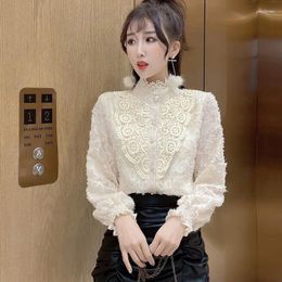 Women's Blouses Retro 2024 Loose Fit Solid Color Lace Turtleneck Women Blouse Shirt Elegant Full Sleeve Female Casual Fashion T310