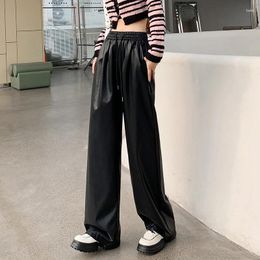 Women's Pants Fashion Solid Wide-leg PU Casual Elastic Waist Leather Women 2024 Autumn Winter Streetwear Ladies Trousers 29393