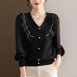 Women's Blouses Ice Silk Yarn Sleeve Top For Women Shirt 2024 Spring Autumn Loose Belly-Covering Long Thin Splicing Knitwear