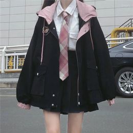 Hunting Jackets Japanese Kawaii Zipper Pink Woman Jacket 2024 Korean Colour Matching Winter Clothes Loose Cute Female Tops Coat Manteau Femme