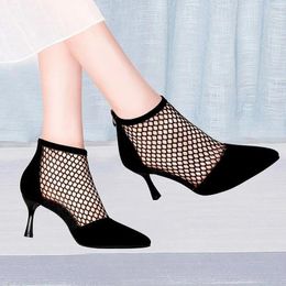 Dress Shoes Summer Women High Heels Sexy Fishnet Ankle Boots Suede Pointed Toe Cool Sandals Thin Ladies Casual