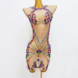 Stage Wear Multi Colour Rhinestones Mesh Sleeveless Bodycon Mini Dress Sexy Transparent Costume Lady Evening Celebrate Festival Outfit