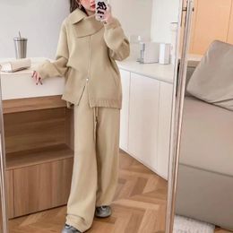 Women's Two Piece Pants SuperAen 2024 Autumn/winter Korean Style Casual Knit Collar Loose Long Sleeved Jacket High Waisted Wide Leg Set