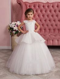 Girl Dresses White Tulle Flower Dress For Wedding Puffy Lace V-Back Birthday Party First Communion Gowns Kid Elegant Pageant Wear