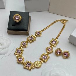 Designer Jewelry Sets Pink Diamond For Women Earrings Rhinestone Rings & Necklace Female Girls Design Alphabet For Party Gift