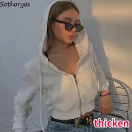 Crop Sporty Thicken Warm Hoodies Women Loose Leisure Solid Zipup Draw String Allmatch American Style Chic Winter Fashion 240202