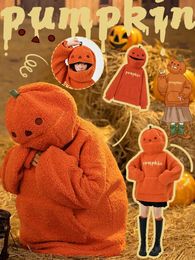 Cute Pumpkin Head Lamb Plush Decorated Hoodie Women's Halloween Jacket Autumn and Winter Loose Warm Pullover K Pop Clothes 240125