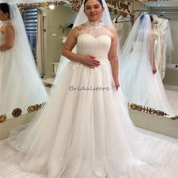 Plus Size High Neck Wedding Dresses 2024 Sleeveless A Line Tulle Lace Bride Dress Floor Length Sexy Backless Bridal Gowns Elegant Women Robe De Mariee Country Style