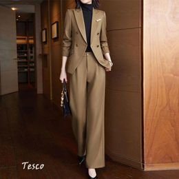 Women's Two Piece Pants Tesco Office Suit For Women Blazer Wide Leg Khaki Green Pantsuit Formal Sets Professional Temperament 2 P