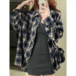 Women's Blouses Lazy Style Retro Loose Shirt Plaid Cardigan Female Coat Long Sleeve Autumn Spring Clothes South Korea Clothing