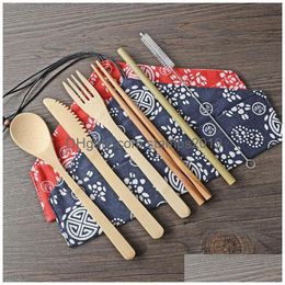 Dinnerware Sets 6 Pcs/Set Bamboo Flatware Portable Easy Carrying Set St Cutlery With Bag And Brush Outdoor Cam Bh2302 Cy Drop Delive Dh3Hr
