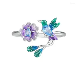 Cluster Rings Bamoer 925 Sterling Silver Enamel Dragonfly Opening Ring Shiny Zircon Flower Adjustable For Women Party Fine Jewelry Gift