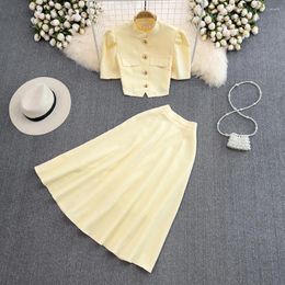 Work Dresses Summer Fashion Suit Female Elegant Standing Collar Single-breasted Bubble Sleeve Short Top Two-piece High Waist Skirt