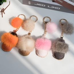 Keychains Real Mink Fur Trim Mini Slippers Keychain With Genuine Pompom Ball Natural Shearling Sheep Leather Bag Charm Holder's Car