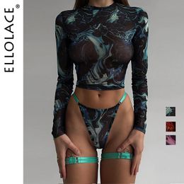 Ellolace Tie Dye Lingerie With Long Sleeve Tops Lace See Through Sensual Erotic Sets 4Piece Sexy Seamless Underwear 240127