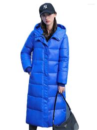 Women's Trench Coats Blue Glossy Free Wash Down Cotton Coat For Women Long Thick Warmth Hooded Parkas 2024 Winter Korean Loose Clothing