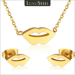 Necklace Earrings Set LUXUSTEEL Mouth Shape Pendant For Women Men Stainless Steel Trend Lips Sets Party Gifts Wholesale