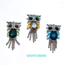 Brooches Fashion Jewelry Cute Owl Rhinestone Brooch Women Crystal Breast Pin With Tassels Green Color Ladies Dress Accessories