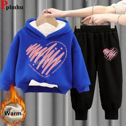 Clothing Sets Winter Thicken Kids Hooded Sweatshirts Child's Cartoon Print Plush Lined Tops Suits Warm Boys/Girls Sweatpant Conjunto