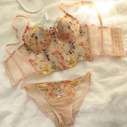 Bras Sets Lace Embroidery Lingerie Sexy Bra And Panty Set Floral Women Underwear Female Thin Cotton Cup Push Up Suit