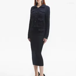 Women's Knits 2024 Early Spring Women Navy Blue Lapel Cable Knit Cardigan Top/ Mid-length Skirt
