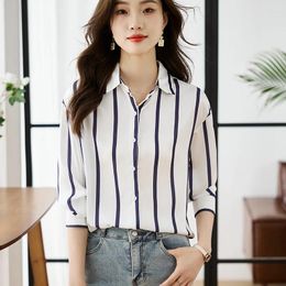 Women's Blouses Korean Fashion Ladies Stripe Shirts Blouse Women Tops Female Woman Button Up Shirt Girls Casual Long Sleeve BPy8923