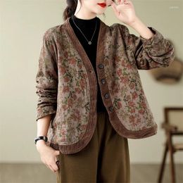 Women's Jackets Fall Winter Women Casual Vintage Corduroy Patchwork Floral Coat Woman Clothing Padded Parka Coats Quilted Jacket