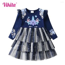 Girl Dresses VIKITA Girls Snowflakes Dress Kids Unicorn Cartoon Vestidos Flare Sleeve Autumn Spring Christmas Year Festival