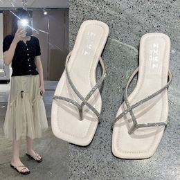 Square-toe flat slippers 2024 new summer toe-clipped beach flip-flops Joker soft-soled anti-slip rhinestone sandals and slippers