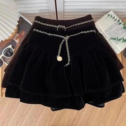 Skirts Spicy Girl Fashion Velvet Cake Skirt Feminine Temperament Flounce Waist Chain Slim Korean Solid Gentle Chic Female Fluffy Wear