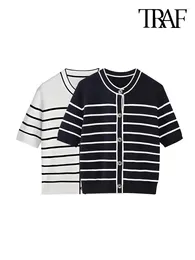Women's Knits TRAF Women Fashion Front Button Striped Knit Cardigan Sweater Vintage O Neck Short Sleeve Female Outerwear Chic Tops