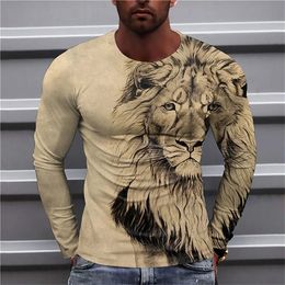 Funny Lion Print T Shirt For Men Fashion 3D Eagle Pattern Cotton Long Sleeve Tshirts Autumn Leisure Oneck Tops Vintage Clothes 240201