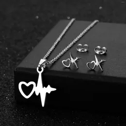 Necklace Earrings Set Jewellery Fashion Heart Shaped ECG Earnail Stainless Steel Collar Chain Female