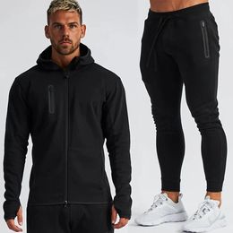 Mens Cotton Training Sets Gym Sportswear Zipper Hoodie Casual Sports Hooded Black Men 2piece Sweatshirt Sweatpants 240202