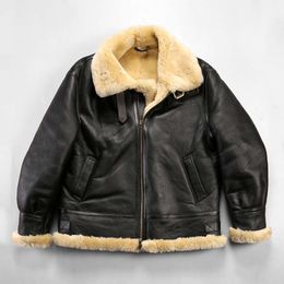 American Cotton European Version B3 Sheepskin Fur Integrated Mens Lapel Plus Fat Size Simple Genuine Leather Jacket 78OV