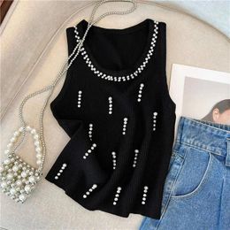 Women's Tanks Summer 2024 Design Sense Pure Desire Heavy Industry Beads Diamond-Embedded Slim Knitted Camisole Short Top