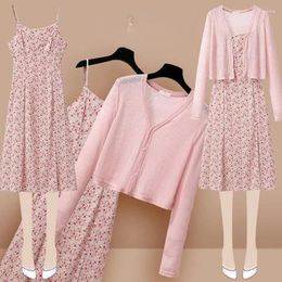 Work Dresses Woman Suit Female Large Size Fashion Shirt Cardigans And Suspenders Floral Casual Dress Ladies Two-piece Set G142