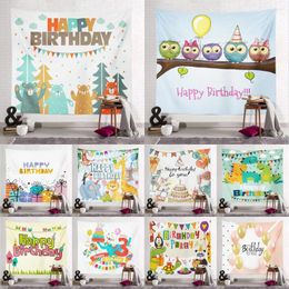 Tapestries Cartoon Happy Birthday Print Tapestry For Kids Party Baby Shower Decor 75x58cm Cute Animals Bunting Polyester Wall Cloth Carpet